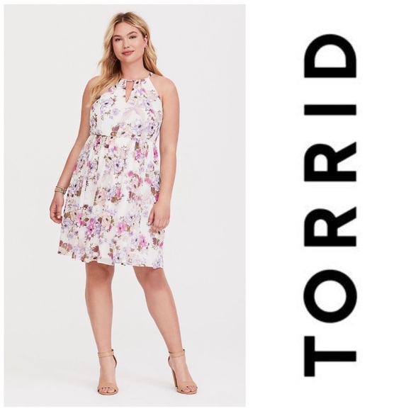 Torrid White Pink Purple Floral Short Mini Chiffon Halter Dress Sleeveless 2X - Picture 1 of 2